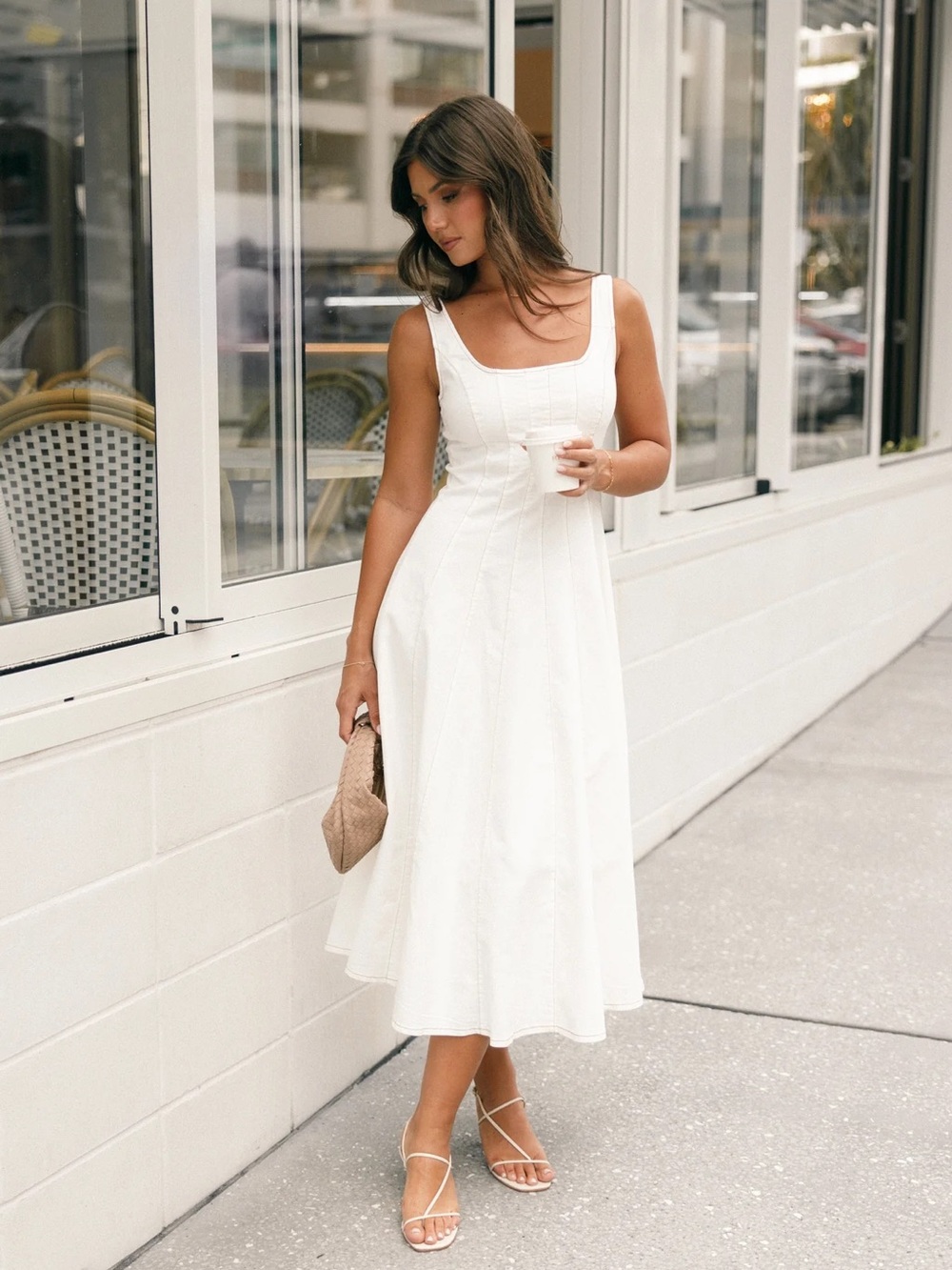 Petal & Pup Una Midi Dress Fit & Flare Square-Neck Dress Contrast Stitching M